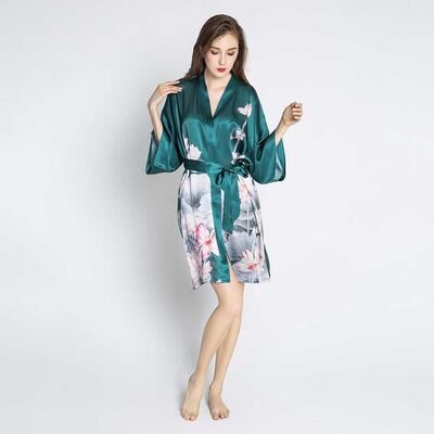 KIM + ONO 100% Silk Lotus Kimono Robe - Short   KIM+ONO - pacific / one size
