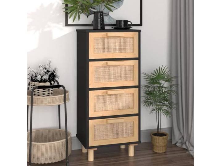 Buffet bas - ALOMEJOR - LeDivil - Bois de pin massif - Rotin naturel - 4 portes - 90 cm