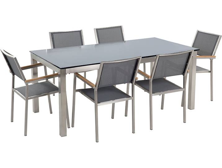 BELIANI Gartenmöbel Set Schwarz Grau Sicherheitsglas Edelstahl Tisch 180 cm 6 Stühle Terrasse Outdoor Modern