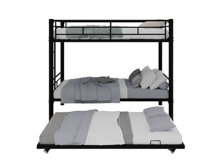 Lit Superposé Enfant 90x190cm - Métal - Garde-Corps Haut - Design Moderne - 3 Places- Noir