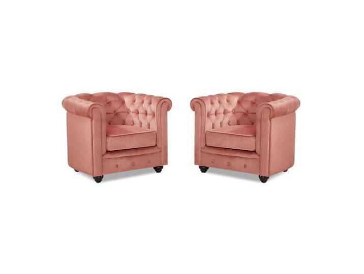 Lot de 2 Fauteuils CHESTERFIELD - Velours rose pastel