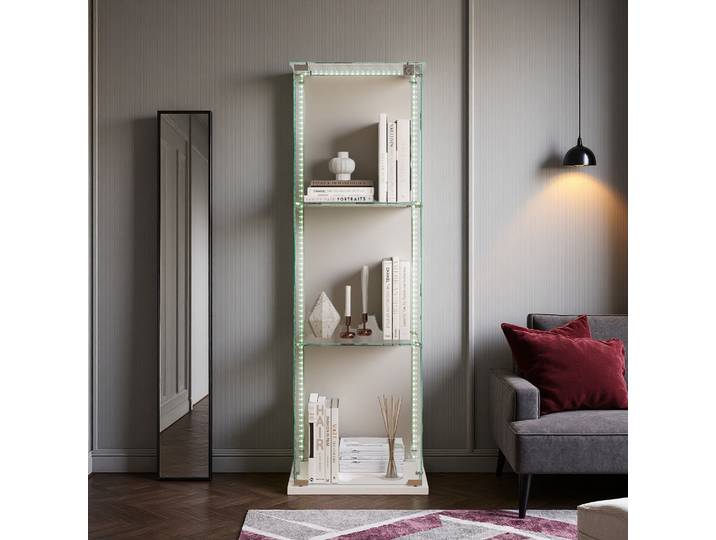 Vitrine en verre Anajqaqia avec éclairage LED, vitrine à 3 niveaux, vitrine à une seule porte, armoire de rangement, base blanche