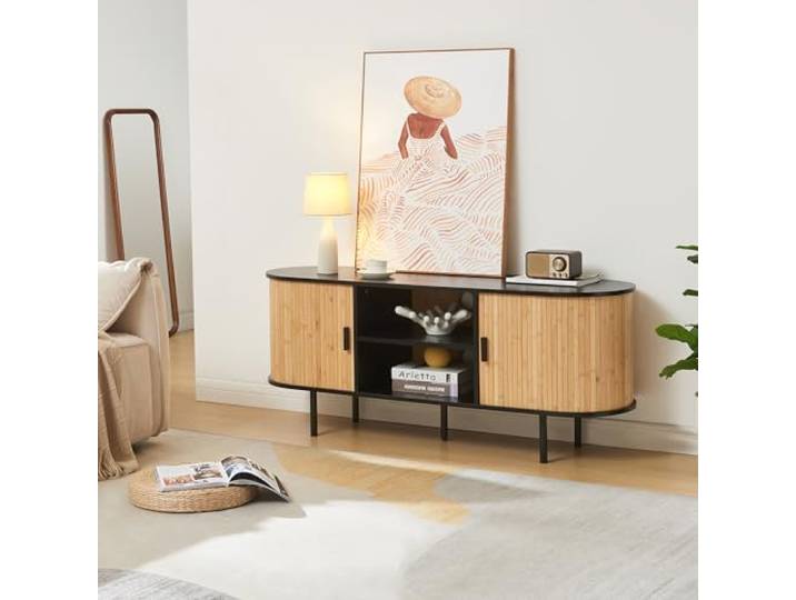 [en.casa] TV Schrank Tvedestrand Lowboard mit 2 Schiebetüren und 2 Ablagefächern Bambus Fernsehschrank 140 x 40 x 55 cm Sideboard Kommode mit Metallgestell Fernsehtisch Schwarz/Naturfarben