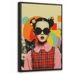 LEINWAND Bilder mit Rahmen - Mädchen - Sonnenbrille - Katze - Retro - 40x60