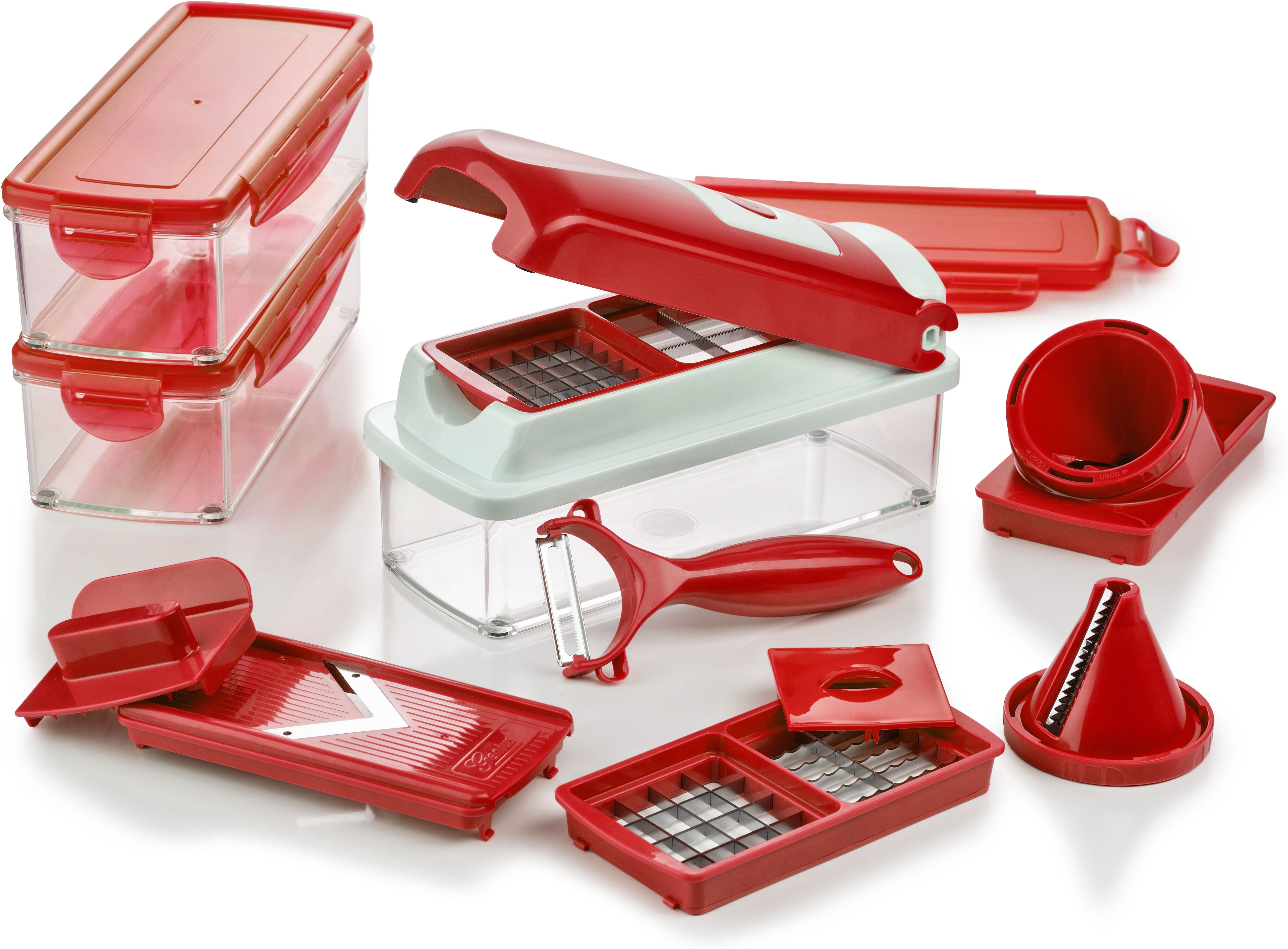 Gemüseschneider GENIUS "Nicer Dicer Smart, inkl. Julietti, Set 16-tlg.", rot, B:19,5cm H:16,5cm T:20cm, Zerkleinerer, Gemüseschneider, Würfel, Stifte, Scheiben, Streifen, Viertel und Gehobeltes