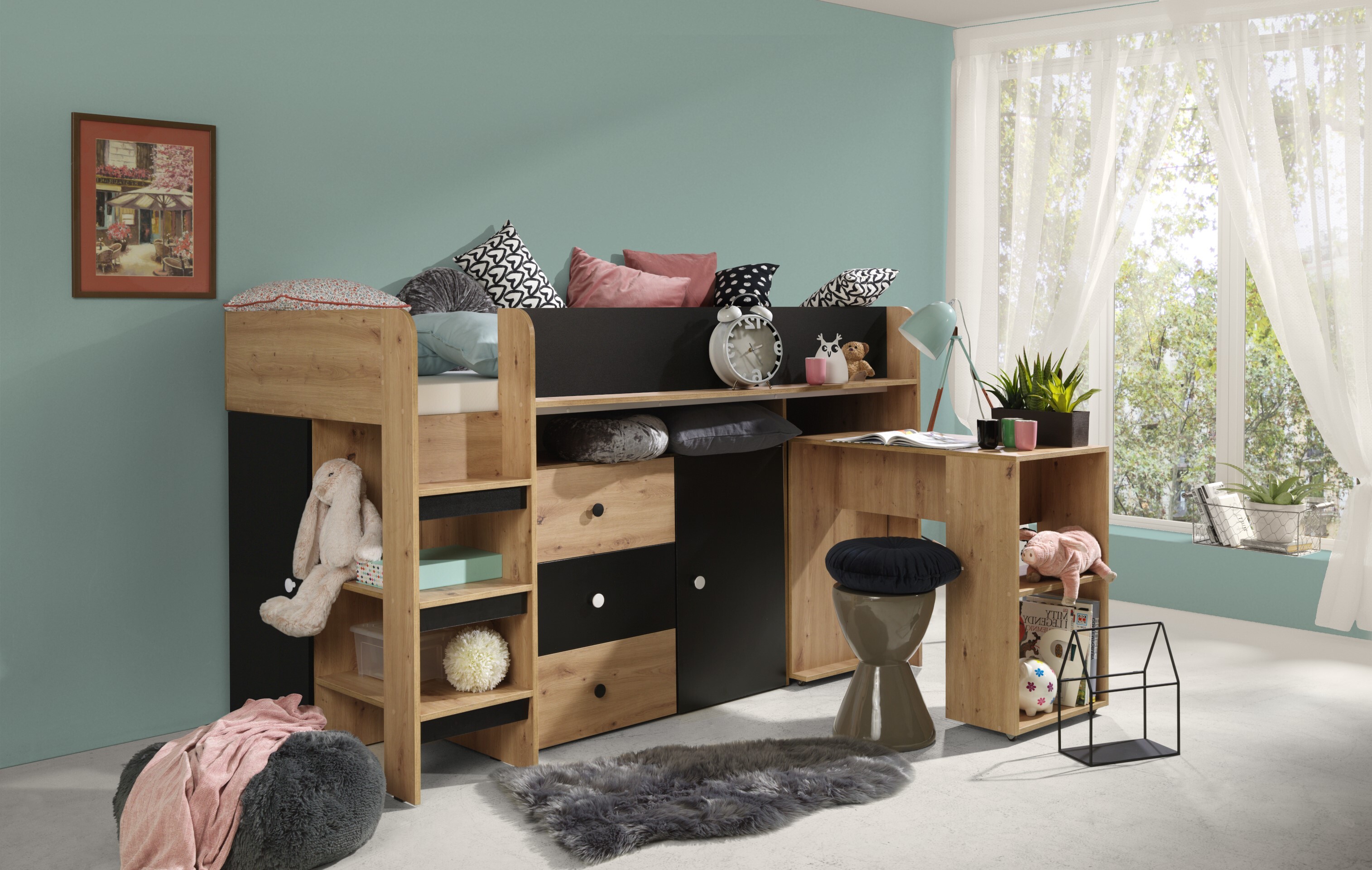 MINIO Hochbett mit Schreibtisch SMARTI 1 Schwarz Links