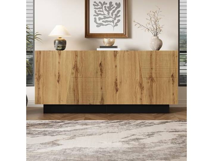 ModernLuxe Sideboard 160 cm – Aufbewahrungsschrank mit großem Stauraum, verstellbarem Einlegeboden, geometrisches Design, Wohnzimmer, Esszimmer & Flur Kommode Schwarz + Holzfarbe