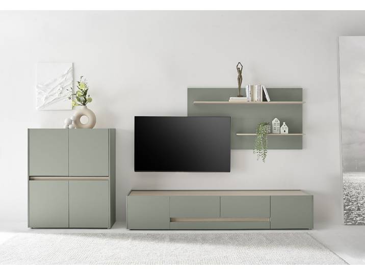 Wohnwand HOME AFFAIRE City/Giron, moderne Anbauwand, Komplettset in vielen Farben verfügbar , grün (grün aloe), B:360cm H:180cm T:45cm, Holzwerkstoff, Kastenmöbel-Sets, Wohnwand, enthält ein Lowboard, ein Highboard & ein Wandboard