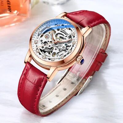 Youfap Market Luxury Women Automatic Mechanical Watch, Waterproof Stainless Steel, Ladies Skeleton Wrist Watch red Rosegold