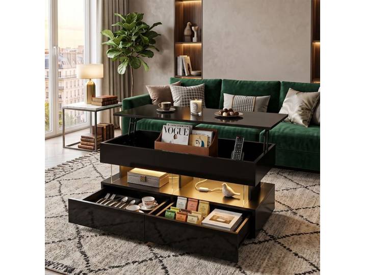 Table basse relevable 100x50cm LED Bluetooth avec App & 2 tiroirs poussoir Rangement caché & Haute brillance