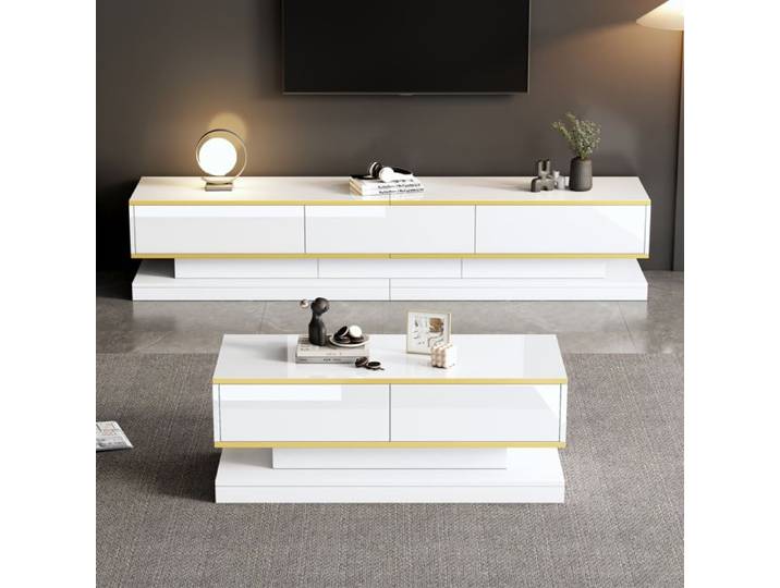 MEULVA Ensemble meuble TV et table basse blanc brillant avec liserés dorés 5 tiroirs panneaux de particules