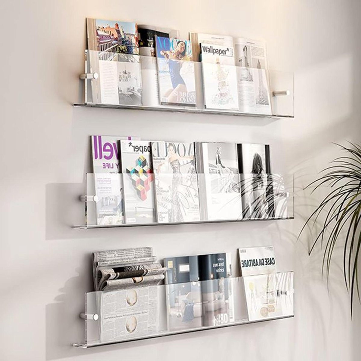 Transparante tijdschriftenhouder voor wandmontage van duurzaam acryl - 60 cm