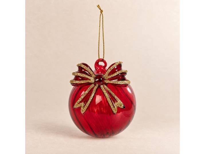 Weihnachtskugel aus rotem und goldenem Glas mit Schleife