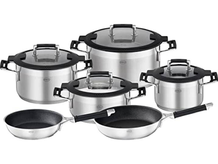 RÖSLE Silence Pro Topf- und Pfannenset 6-TLG., Edelstahl, silbern/schwarz Hochwertiges Set mit 5 Koch-/Bratentöpfen, 2 Bratpfannen, Innenskalierung, induktions- und spülmaschinengeeignet
