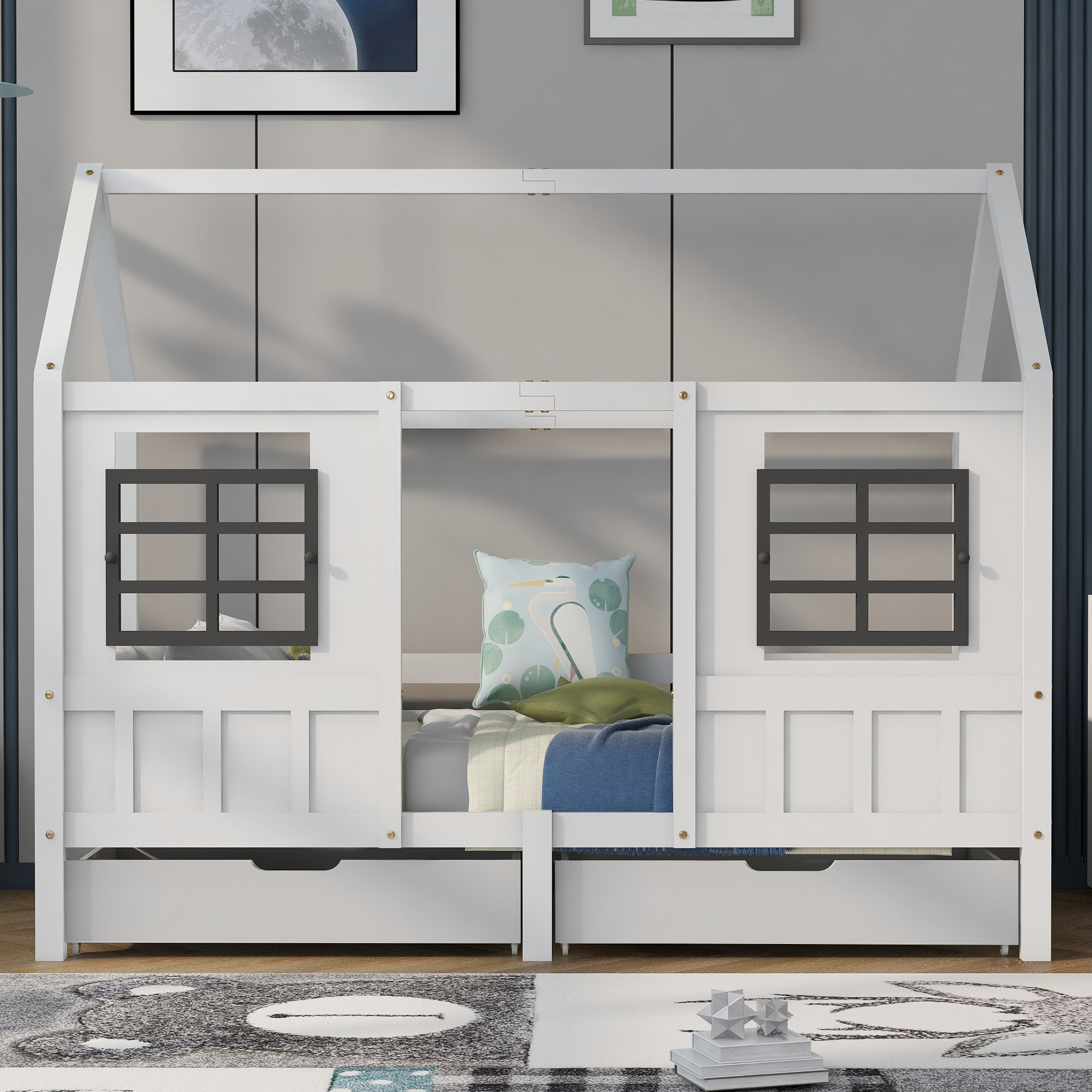 Merax Kinderbett Nora 90x200 cm Hausbett Tagesbett Kinderhaus mit 2 Fenstern und Schubladen, Rahmen aus Kiefer, Weiß
