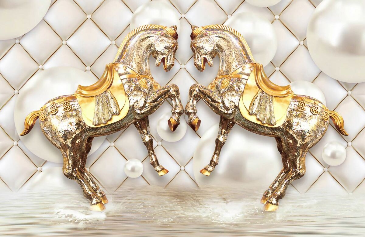 Fototapete PAPERMOON "Muster mit Pferden gold weiss", bunt, B:4,5m L:2,8m, Vlies, Tapeten, Fototapete bunt B/L: 4,5m x 2,8m, Bahnen: 9 Stk.