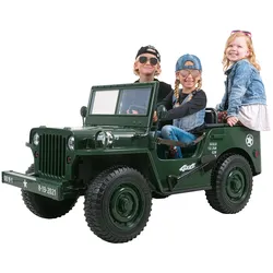 Jeep Willys Kinder-Elektroauto, 3 Sitze und 3 Gurte, Schaufel, Ersatzrad, Federung, Allrad 4x4, LEDs