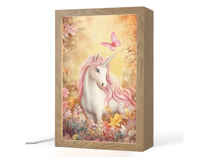 OnlyWow Nachttischlampe - Einhorn - Blumen - Schmetterling - Rosa - 20x30 cm, Beige, Holzwerkstoff, Rechteckig, LED integriert, 20x30x8 cm, Lampen & Leuchten, Innenbeleuchtung, Nachtlicht