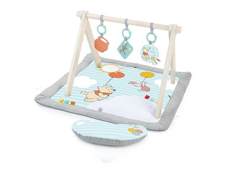 Bright Starts Disney Winnie PUUH Once Upon a Tummy Time Baby Aktivitätenmatte mit Spielzeugstange aus Holz, Blau, Neugeboren
