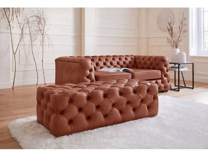 Polsterhocker HOME AFFAIRE Kalina , braun (cognac), B:120cm H:42cm T:55cm, Hocker, Polsterhocker, mit klassischer Chesterfield-Knopfheftung