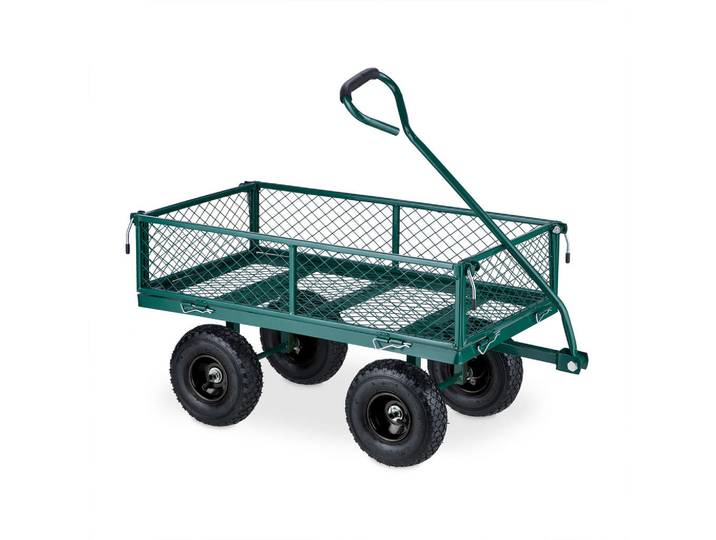 Relaxdays Handwagen Dunkelgrün Schwarz Stahl Luftreifen klappbare Seitenteile 200 kg, Metall, Kunststoff, 50x50x110 cm, Gartenzubehör, Gartenpflege