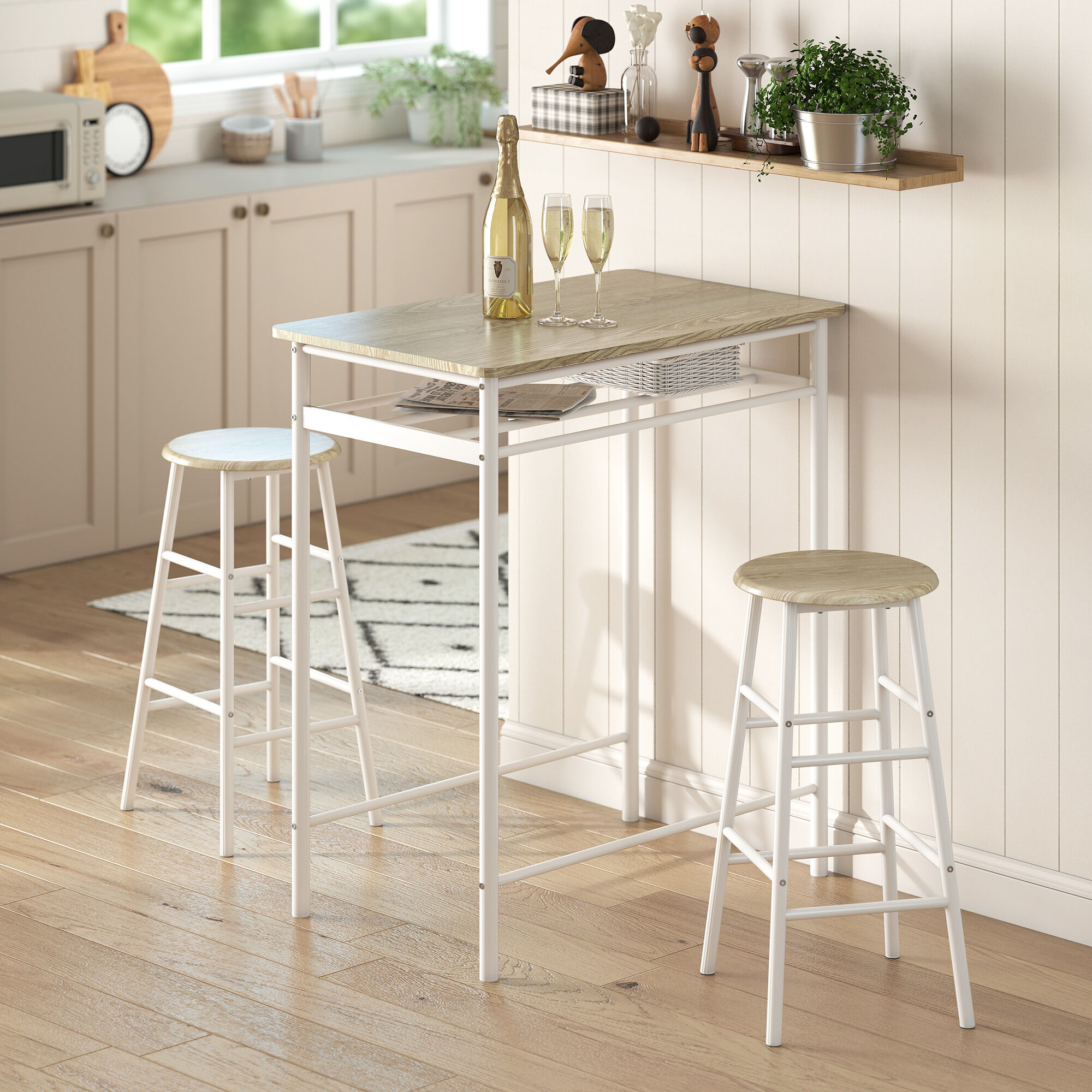 Altro Set Bancone Bar E 2 Sgabelli Alti In Legno Stile Nordico Con Mensola E Poggiapiedi, Bianco