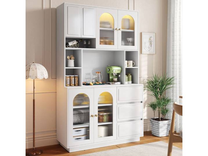 Buffet haut - ZEVKOR - GL74901W - 6 portes - 3 tiroirs - Portes acrylique cintrées