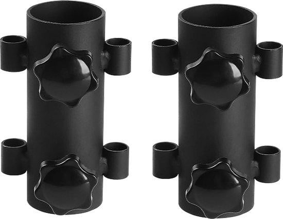 Zwarte parasolhouder van staal en kunststof voor balkonleuning, geschikt voor parasolstangen met een diameter van 22-34 mm