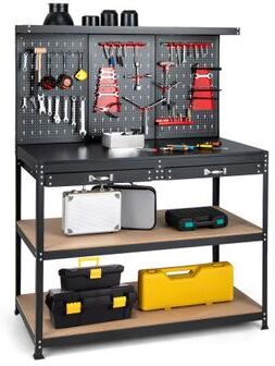 Costway 48 Inch Workbench with Pegboard and Drawers-Black