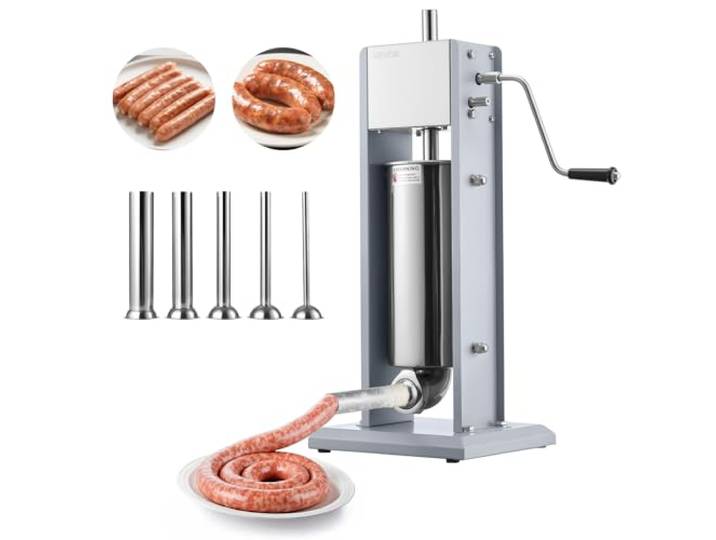 VEVOR Poussoir à Saucisses Manuel 5 L\, Machine à Saucisses Verticale en Acier Inoxydable\, Appareil pour Remplissage de Saucissons Restaurant Boucherie Maison\, Deux Vitesses\, 5 Tubes de Remplissage