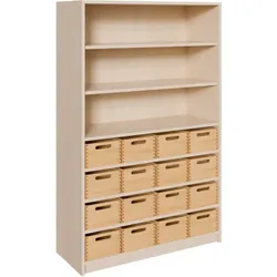 Korpus-Regal mit Materialkästen und offenen Fächern