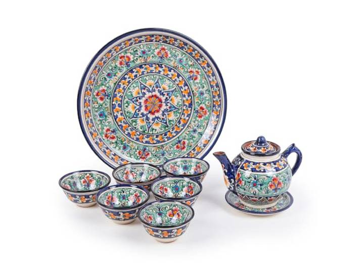 Rischtan Keramik Tafelservice Kombiservice KaraKalam Blau-Rot Handbemalt aus Usbekistan Orientalische Teekanne + Piala Kosa + Lagan Plov + Schale (9)