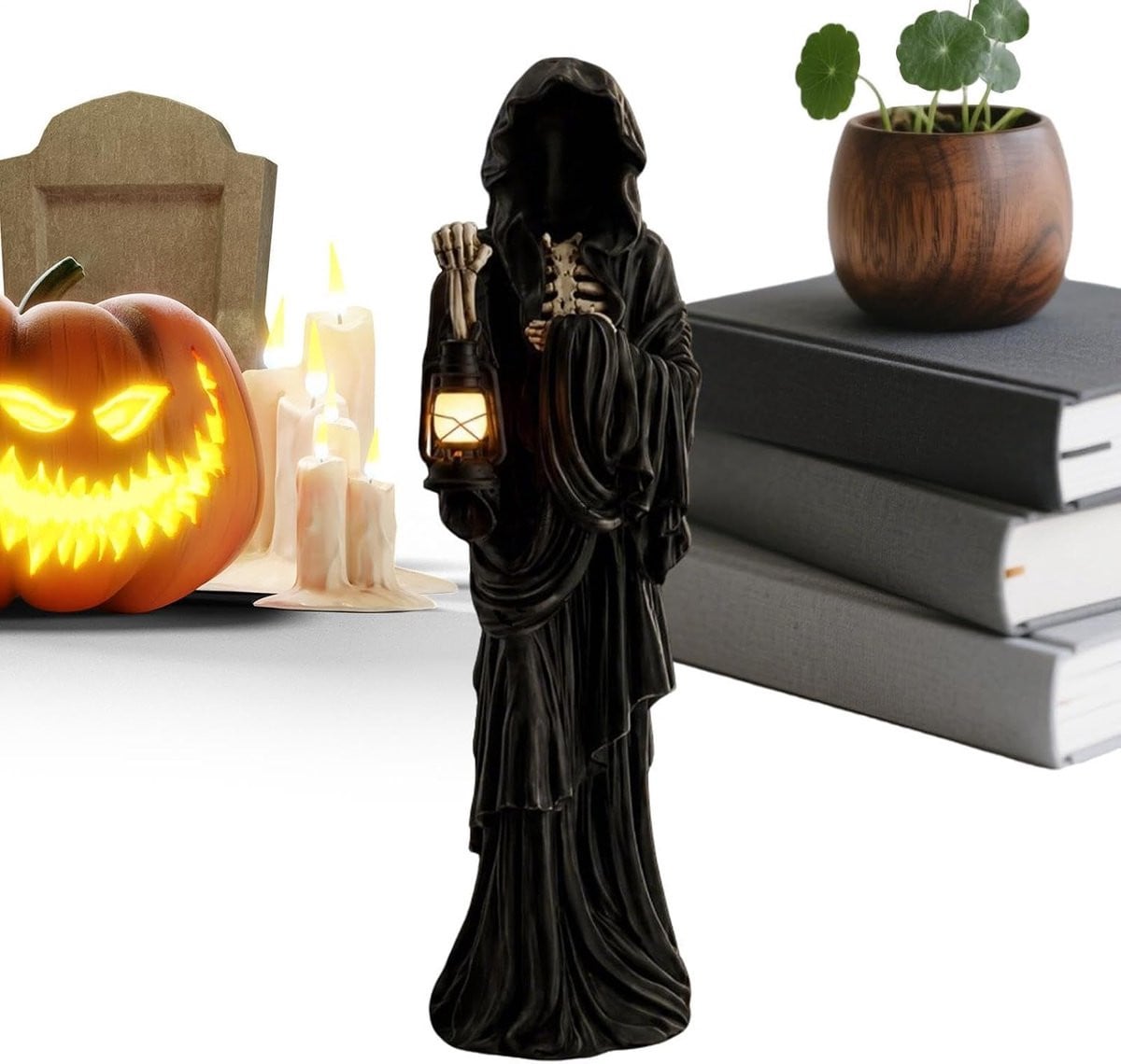 Skelet Decoratie Griezelig Beeldje met Lantaarn voor Halloween - Grijs - 350 gram