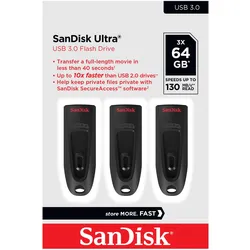Sandisk Ultra (3-Pack) (64 GB, USB-A), USB Stick, Schwarz