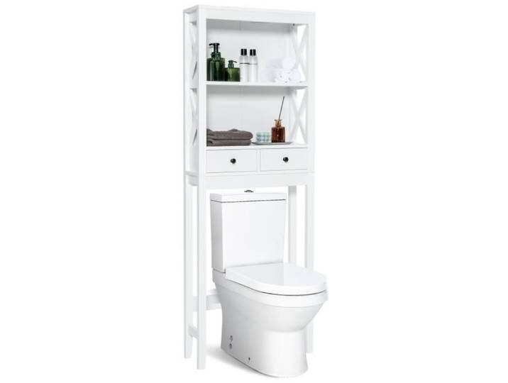 COSTWAY Meuble WC au-Dessus de Toilettes avec 3 Étagères et 2 Tiroirs Barre Inférieure Réglable Dispositif Anti-basculement