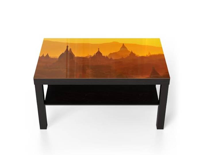 DEQORI Glastisch schwarz groß 90x50 cm Motiv Goldene Stupas ausgefallener Beistelltisch aus Glas Hochglanz Couchtisch fürs Wohnzimmer moderner Couch Tisch mit Design