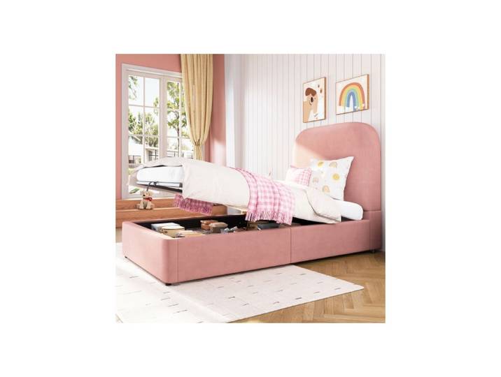 Upholstered Bed Single Bed Children's Bed 90 x 190 cm Hydraulic Lift-Up Bed Upholstered Headboard Velvet Material Pink