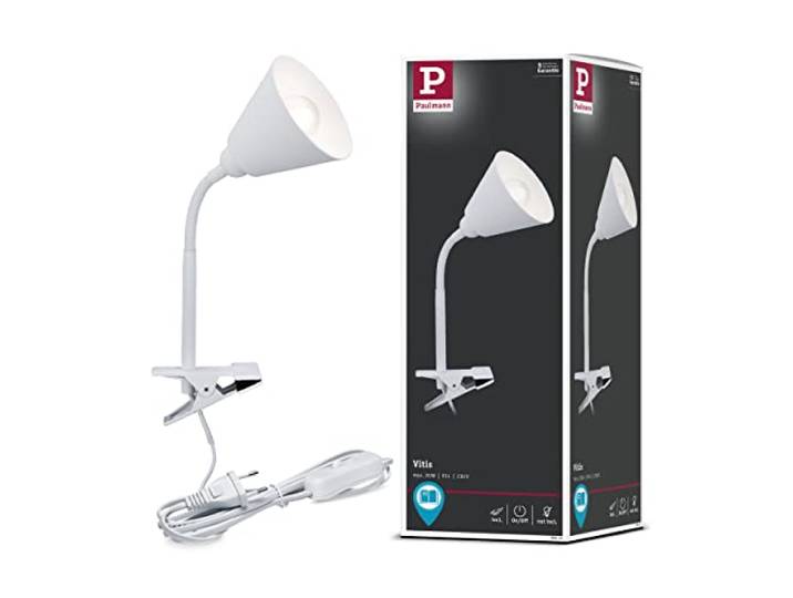 Paulmann 95431 Vitis Lampe à pince avec bras flexible rond max. 20 W Lampe Interrupteur Fil Métal Blanc Plastique E14