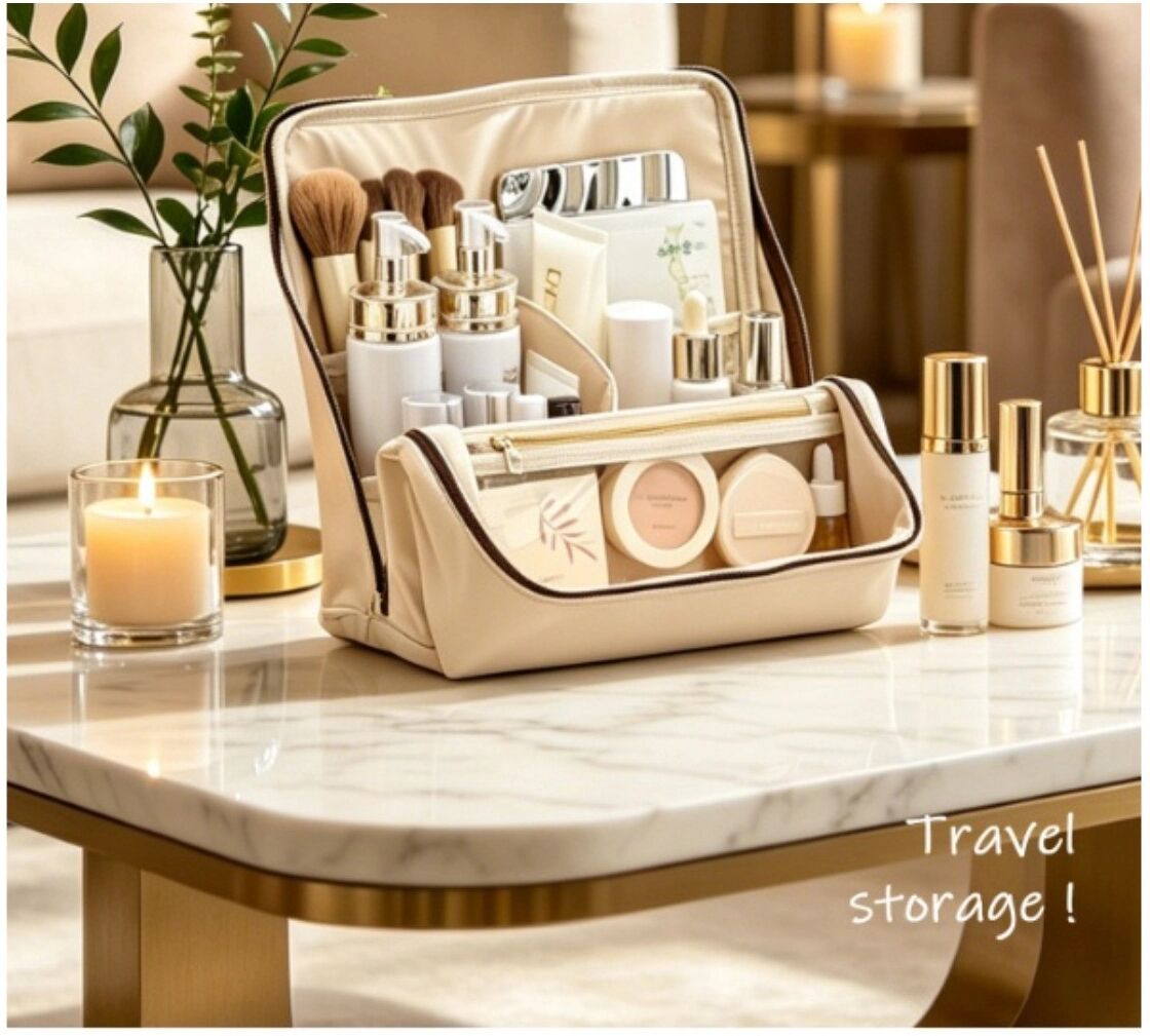 INF Kreative stehende Make-up-Tasche – Vertikaler Organizer mit großem Fassungsvermögen, durchsichtigem Reißverschlussfach und Beige