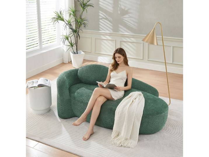 Canapé en peluche bouclette forme arrondie confort rembourré avec coussins idéal salon chambre studio Vert