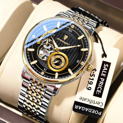 Trendy Discount Goods POEDAGAR Luxury Man Wristwatch, Hollow Tourbillon Stainless Steel Watch, Automatic Mechanical Luminous Men Reloj gold Black