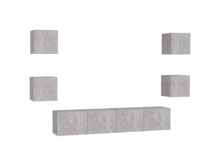 hliofuir 6-tlg. TV-Schrank-Set Hängend Betongrau Holzwerkstoff Schwebendes Lowboard für Wohnzimmer und Schlafzimmer mit variablen Fächern für Multimedia und Dekoration.