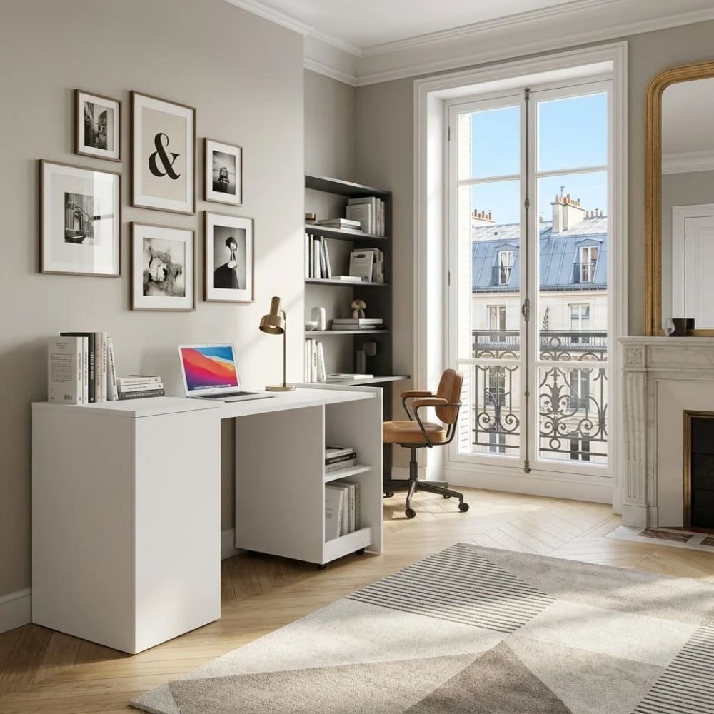 Urban Meuble Bureau blanc retractable avec rangement et roulettes Blanc 126x75x55cm
