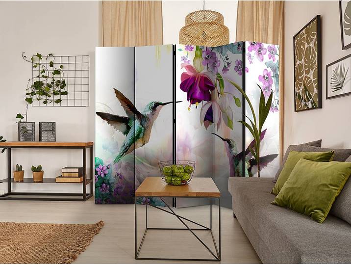 Paravent Hummingbirds & Flowers Akustik Vlies auf Kiefer Massiv Multicolor 225 x 172cm