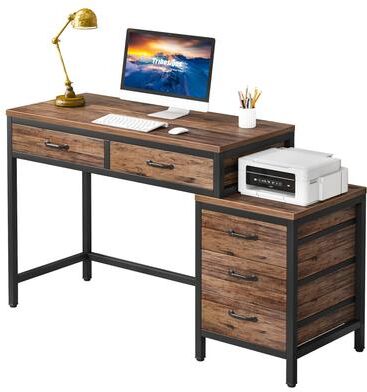 ROSE 5 Drawers Computer Desk, Study Writing Desk with Reversible Filing Cabinet for Home Office