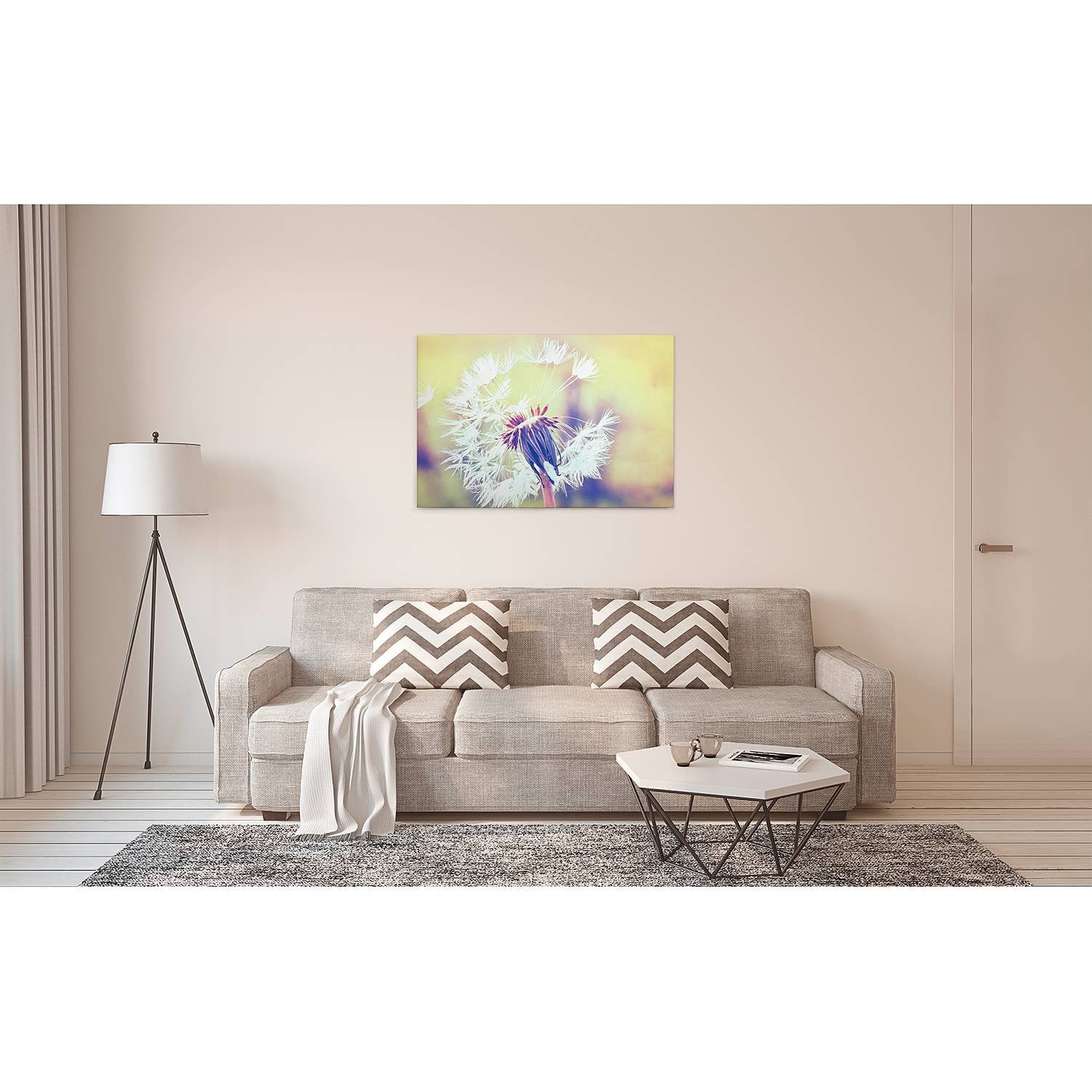 home24 Dandelion wandafbeelding geel met sparrenhout, 90 x 60 cm