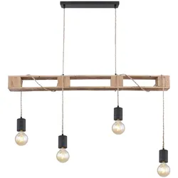 Hängeleuchte aus Holz Metall Decken Pendelleuchte 4 flammig Hanfseil Hängelampe verstellbar, 4x E27, 121x10x120cm, Wohnzimmer Esszimmer