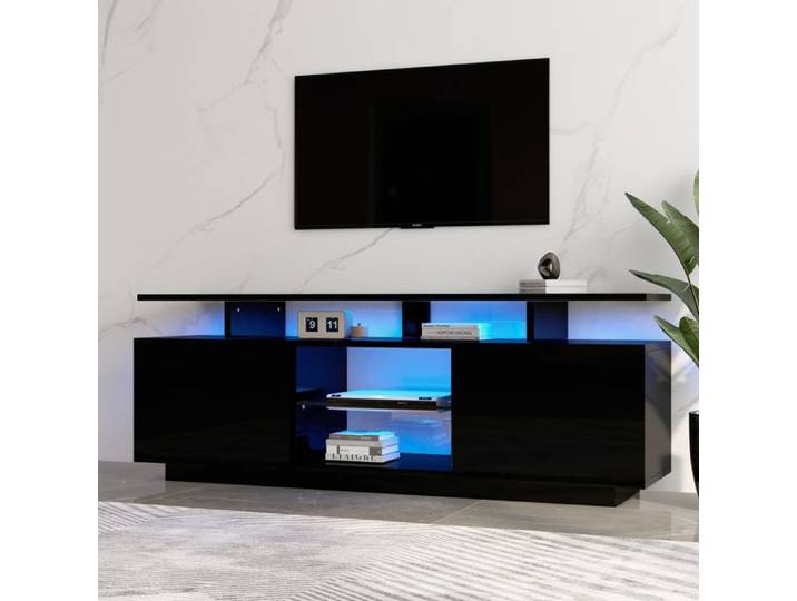 Meuble TV 140x35x55 cm avec LED haute brillance noir