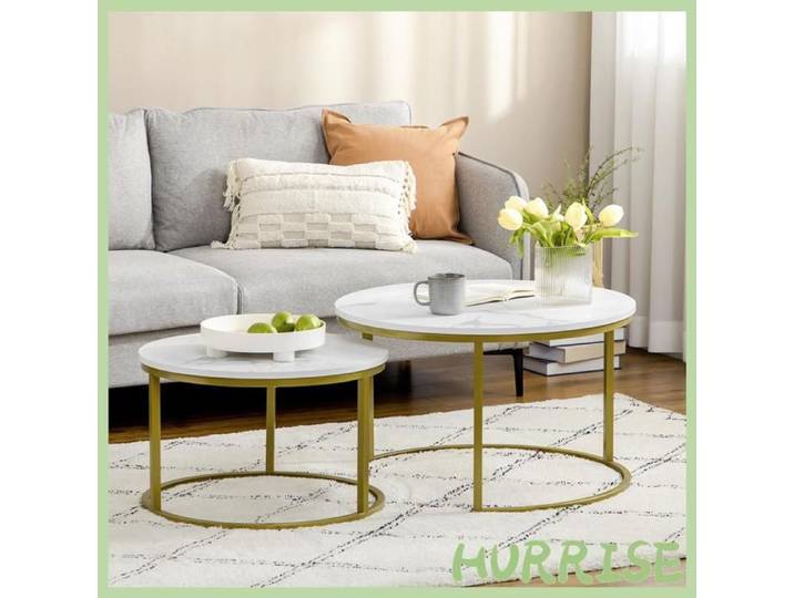 Cocosity Lot De 2 Tables Basses Gigognes Tables Rondes Plateau Aspect Marbre Et Pied En Acier Ø 74 X 46 3 Cm Blanc Doré