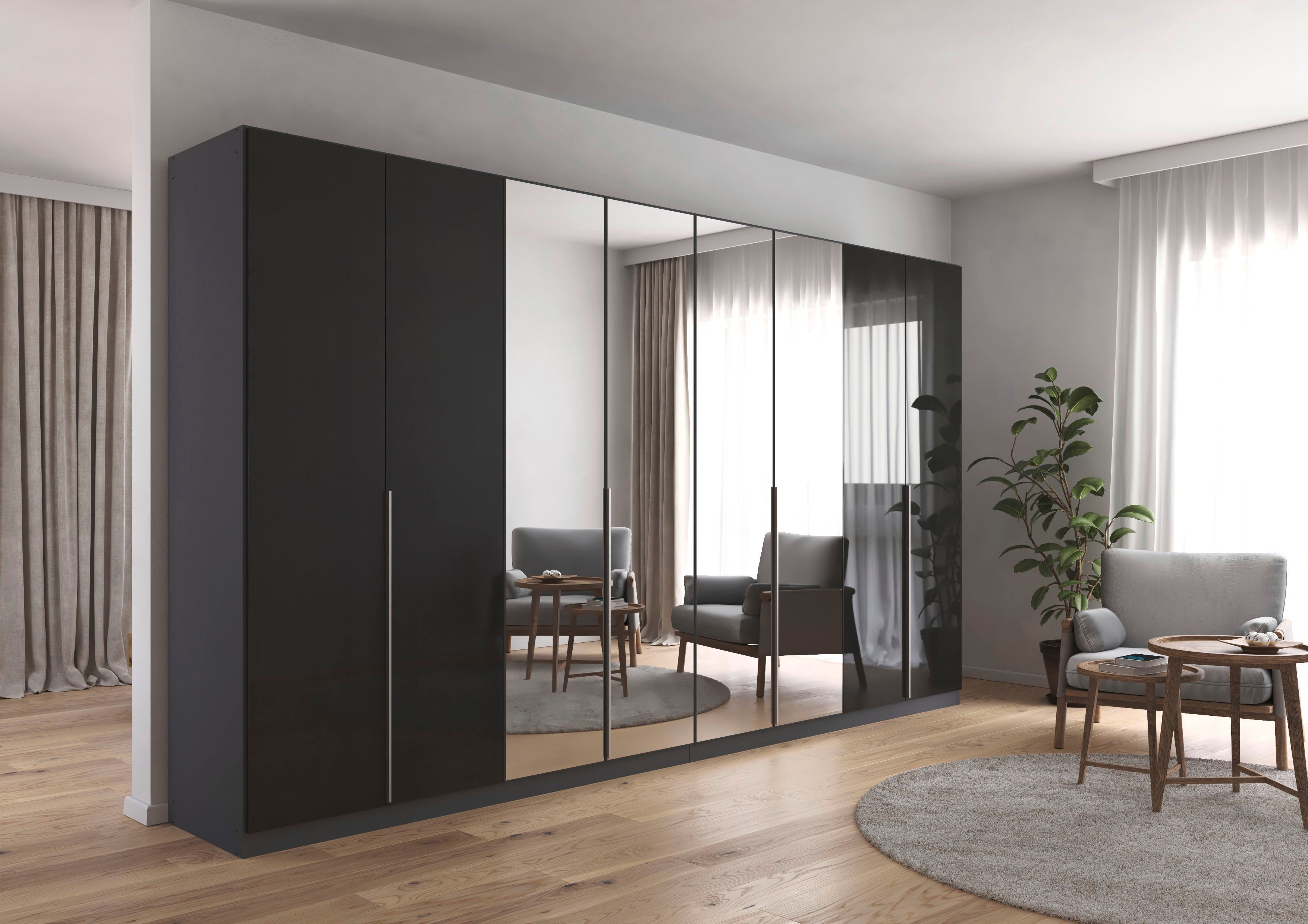 Drehtürenschrank GOODPRODUCT "Kleiderschrank Schrank Garderobe AGORDO mit Dekor- oder Hochglanzfront", schwarz (graumetallic, effektgrau hochglanz), B:360cm H:210cm T:54cm, Holzwerkstoff, Schränke, Drehtürenschrank, durchdachte Innenausstattung, in 8 Brei